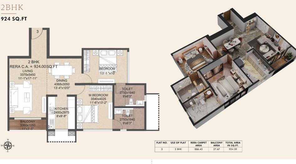 La Mer-Residence-Floor-Plan-2 BHK- 924 Sqft